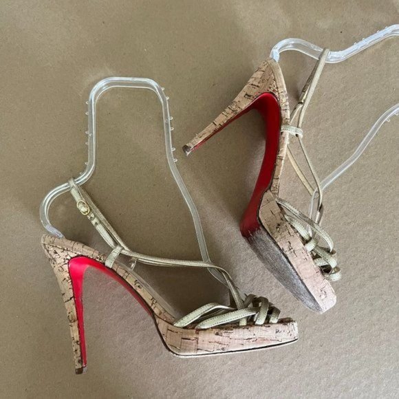 Christian Louboutin Gold Metallic Leather Night Cage Zeppa Cork Sandals - Picture 3 of 8